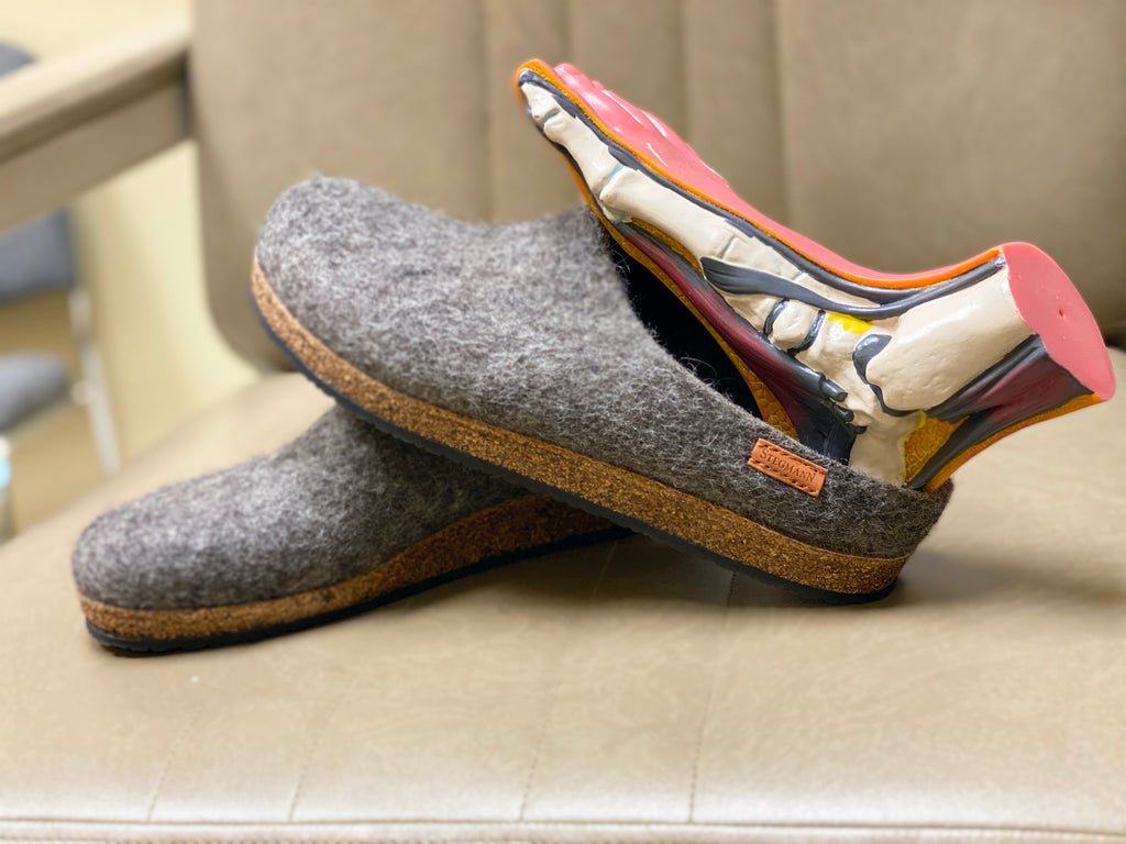 A foot diagram model sitting in a comfy Stegmann EcoWool clog in grey colorway.