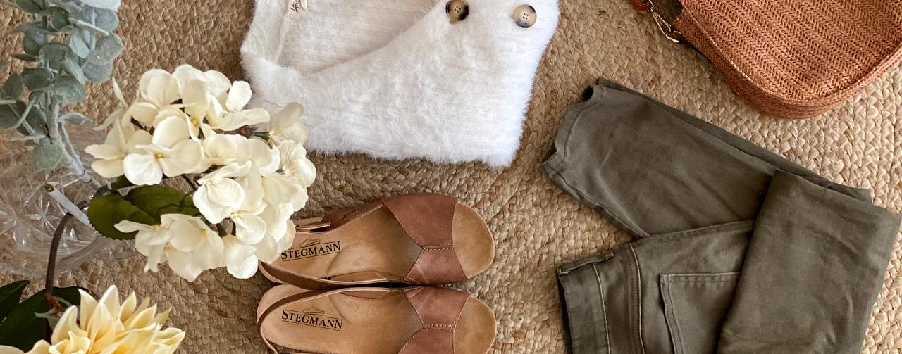 Louisa Slingback Sandal beside a spring and summer outfit with flowers around it all.