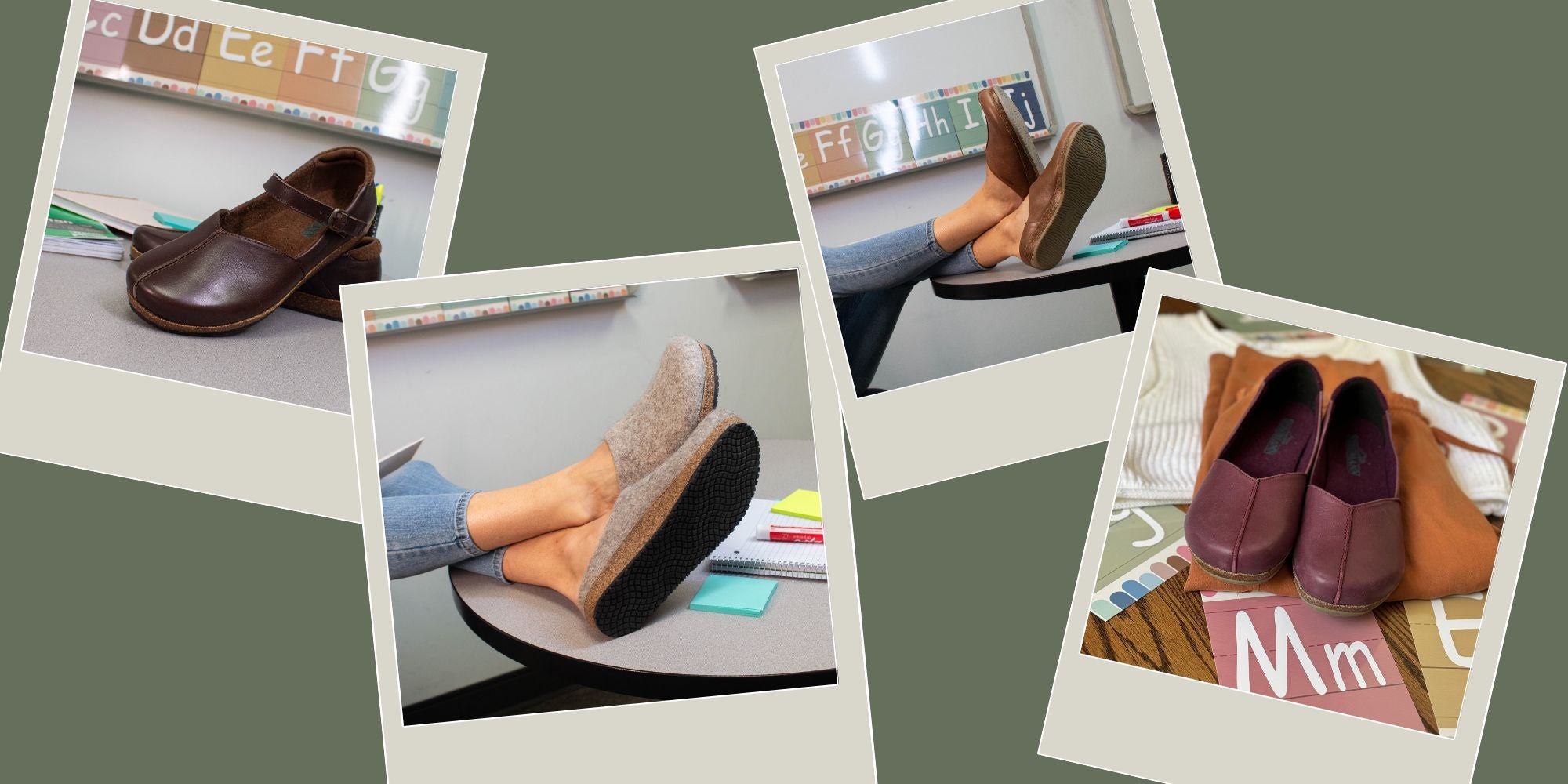 Four photos of feet wearing different shoes, including brown loafers, cozy slippers, and burgundy slip-ons, all on a classroom floor with alphabet decorations in the background.