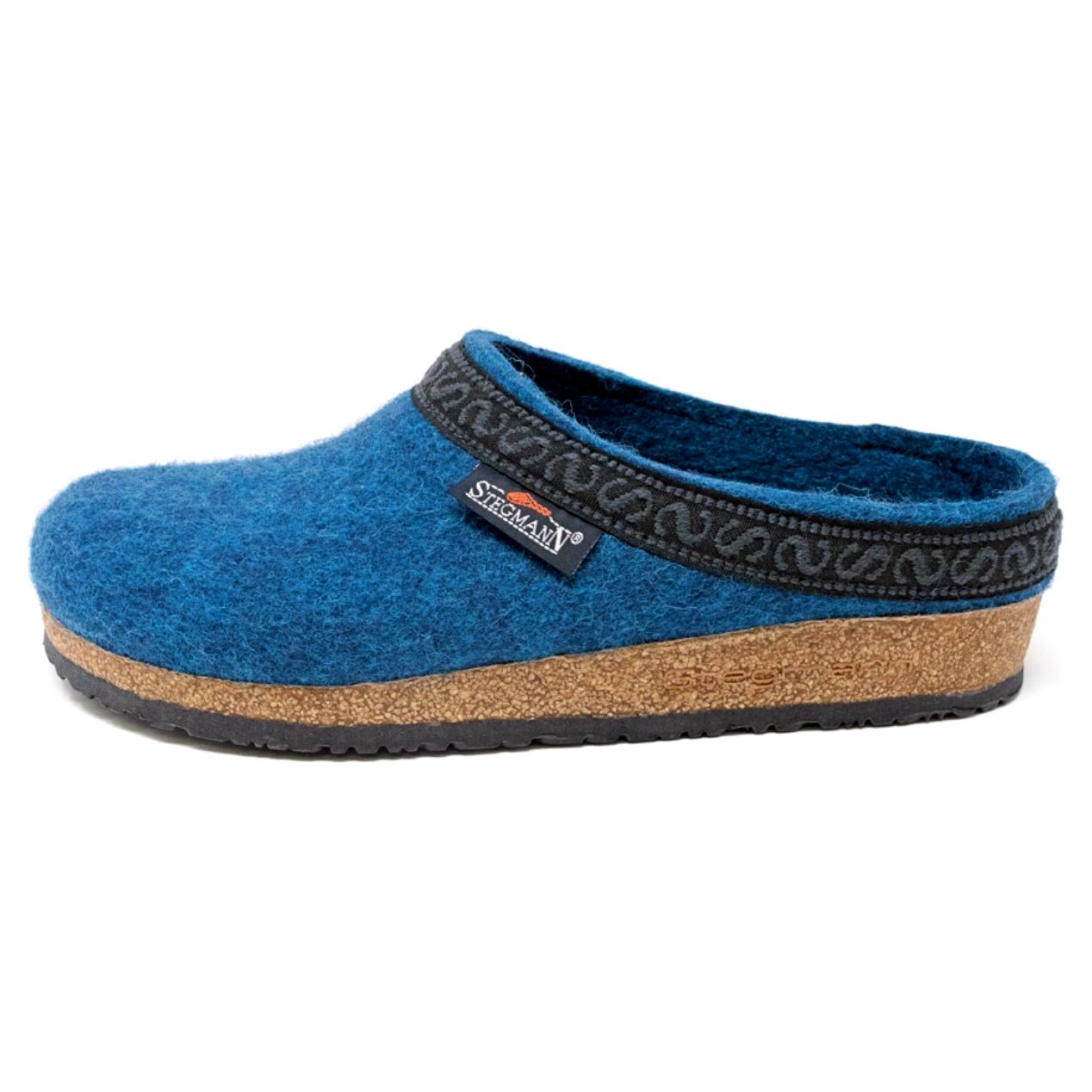 The Women's Original 108 Wool Clog - Medium features soft Merino wool felt in blue, a cork/rubber sole, black trim, and a Stegmann tag—designed for comfort and ideal even for plantar fasciitis.
