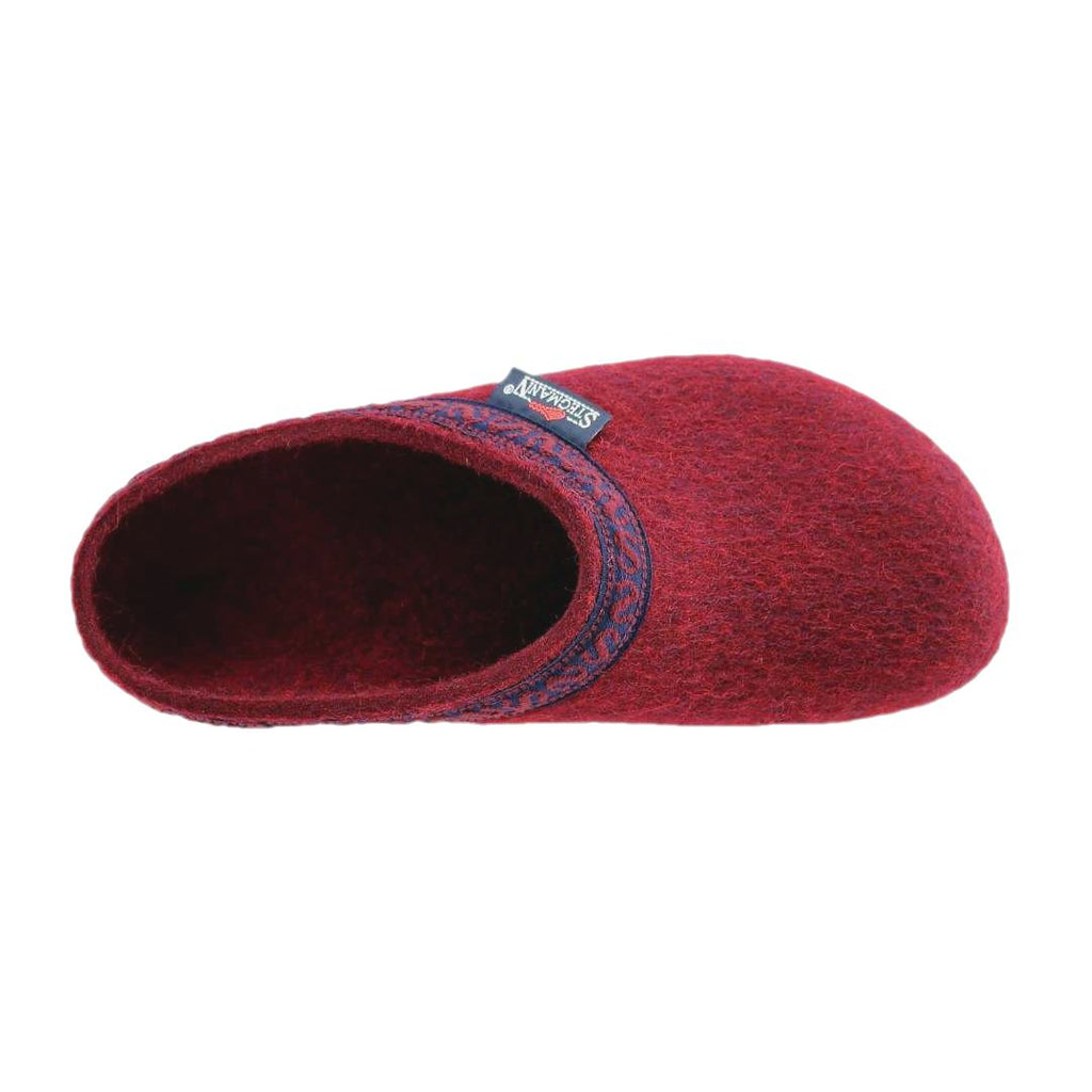 The Women's Original 108 Wool Clog - Medium is a single slipper for women, crafted from Merino wool felt with a blue patterned trim and brand label, shown from above against a white background.