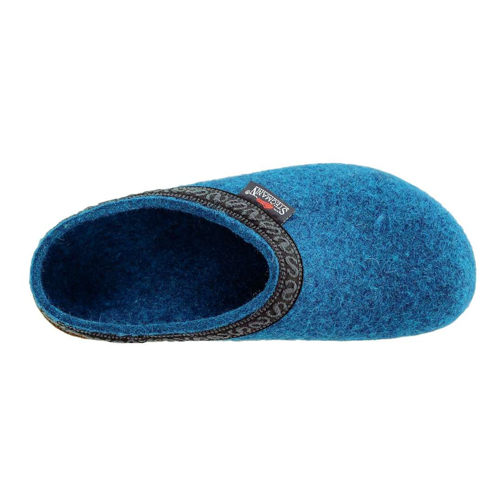 Top view of the Women's Original 108 Wool Clog - Medium in blue Merino wool felt with black and gray trim and a small upper tag—providing ideal comfort, especially for those with plantar fasciitis.