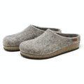 Women's Eco Wool Clog: gray wool felt clogs with a supportive cork latex footbed and black rubber outsoles, sustainably crafted from wool and shown on a white background.