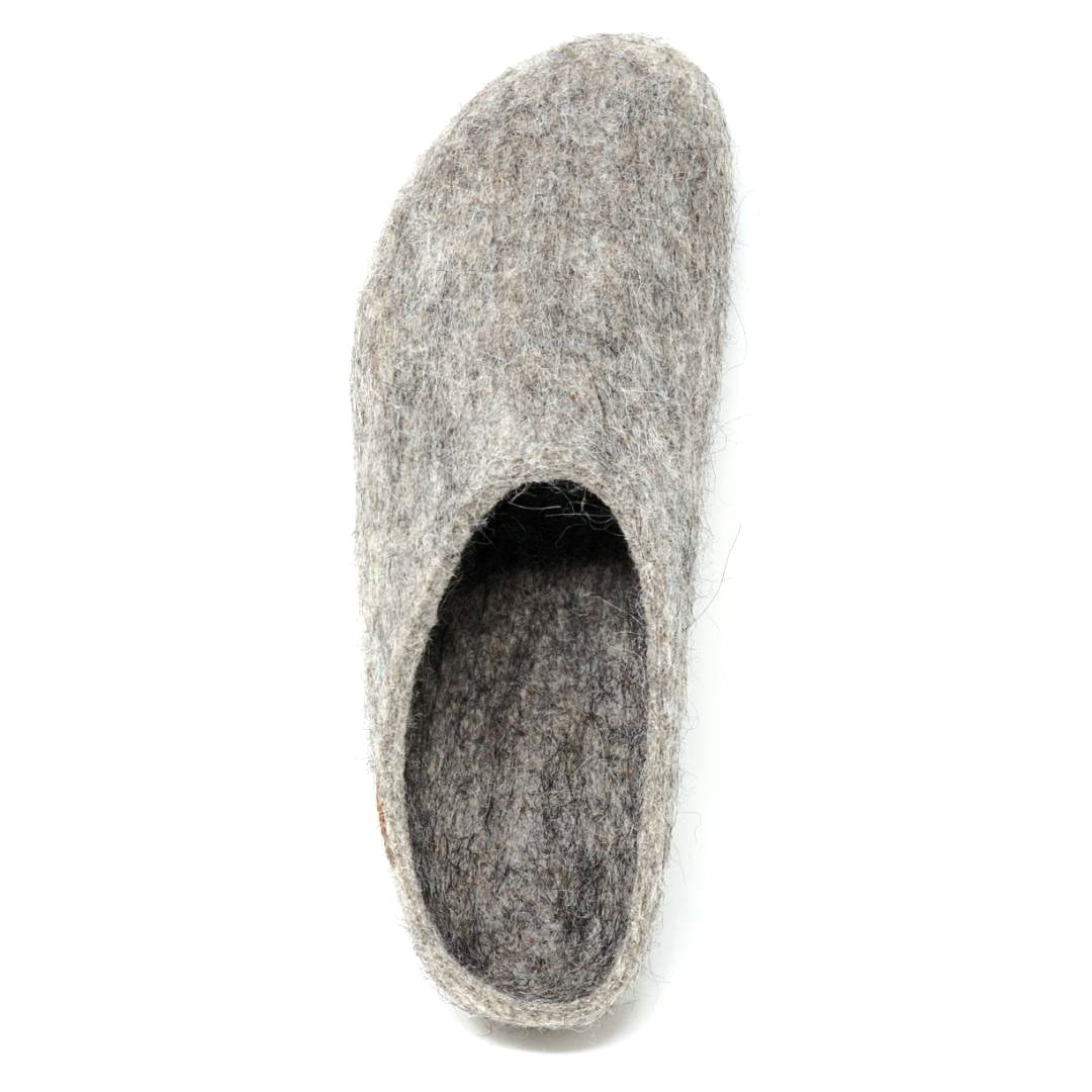A single Women's Eco Wool Clog in gray, made from sustainable wool, shown from above on a white background.