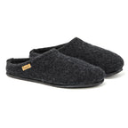 The Women's Alpine Comfort Wool Slipper is a pair of dark gray felt slippers made from merino wool with a small beige label on the side, set against a white background.