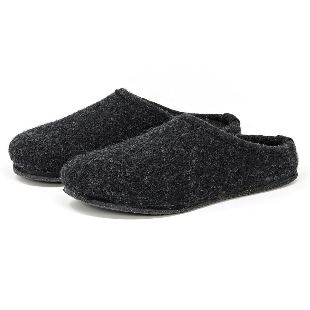 The Men's Alpine Comfort Wool Slippers, in dark gray with closed toes and black soles, showcasing an anatomically shaped cork insole, are placed side by side on a white background.