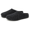 The Men's Alpine Comfort Wool Slippers, in dark gray with closed toes and black soles, showcasing an anatomically shaped cork insole, are placed side by side on a white background.