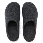 A top view of Men's Alpine Comfort Wool Slippers in dark gray with anatomically shaped cork insoles, side by side on a white background.