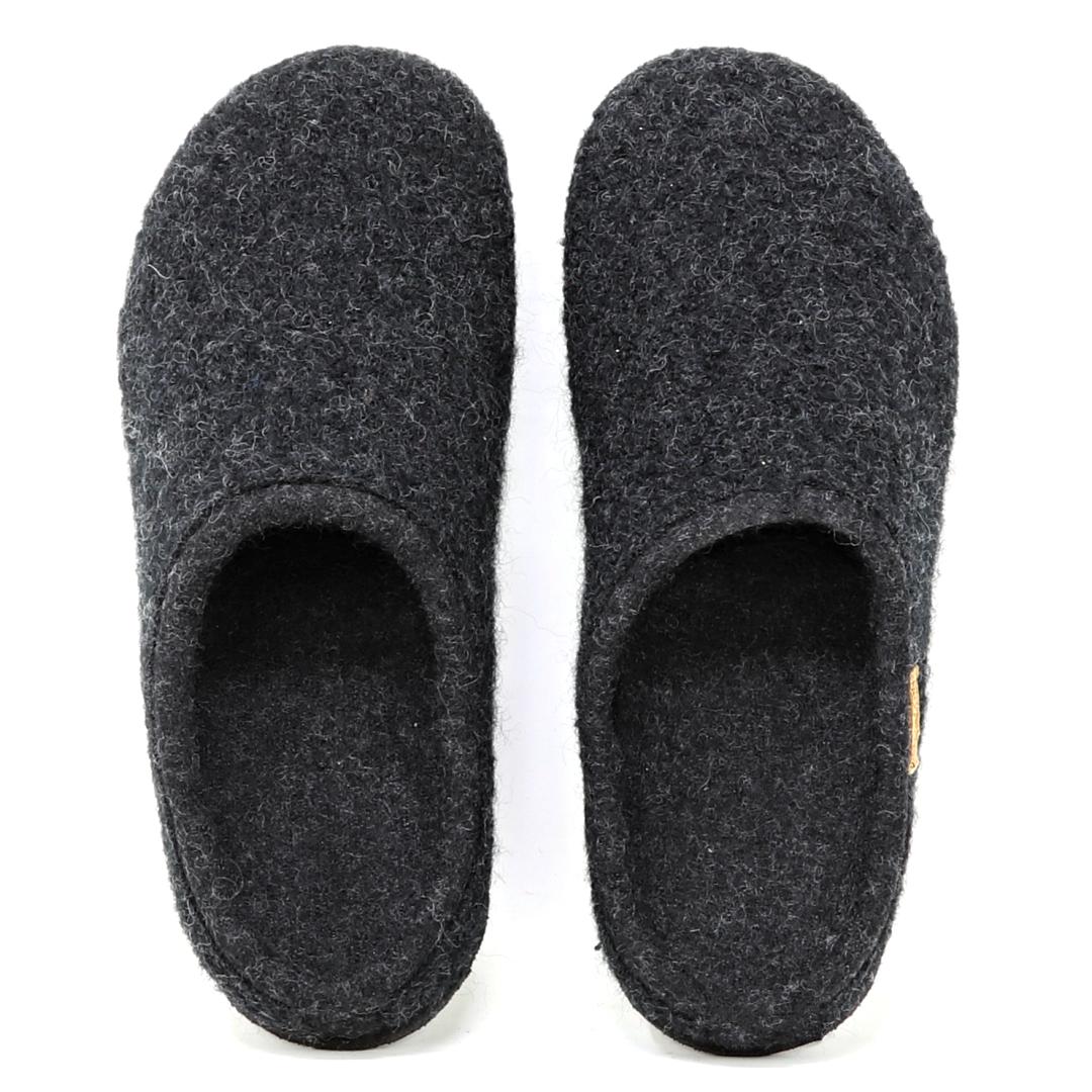 A top view of Men's Alpine Comfort Wool Slippers in dark gray with anatomically shaped cork insoles, side by side on a white background.