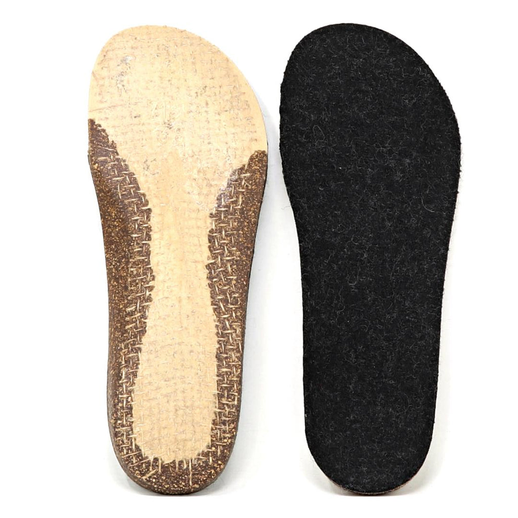 Two shoe insoles are displayed: the left features a cork-like appearance with partial black felt, and the right is entirely covered in black felt. Ideal for those who enjoy Men's Alpine Comfort Wool Slippers.
