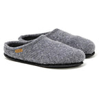 Women's Alpine Comfort Wool Slippers in gray feature a cork insole, black sole, and a small brown side tag.