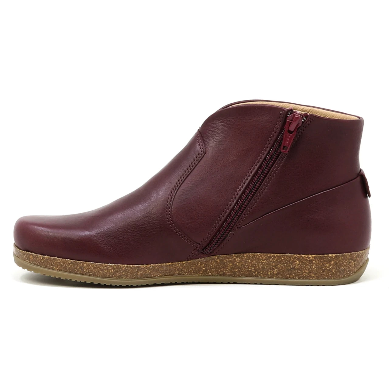 Side view of the Women's Leather Amalia Boot in maroon, featuring a cork sole and a side zipper.