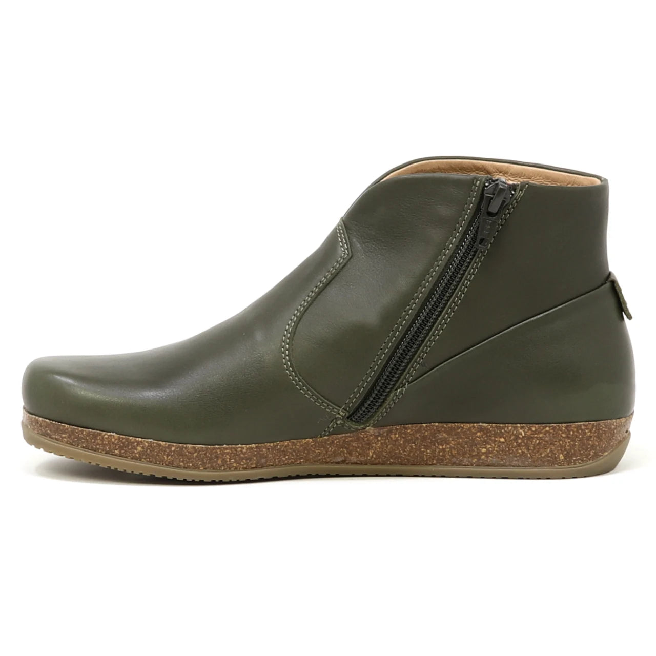 Side view of the Women's Leather Amalia Boot in green leather, featuring a cork sole and black side zipper, displayed against a white background.