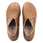 A pair of tan Women's Leather Amalia Boots viewed from above, showing the insoles with the "Sagmann" brand logo.