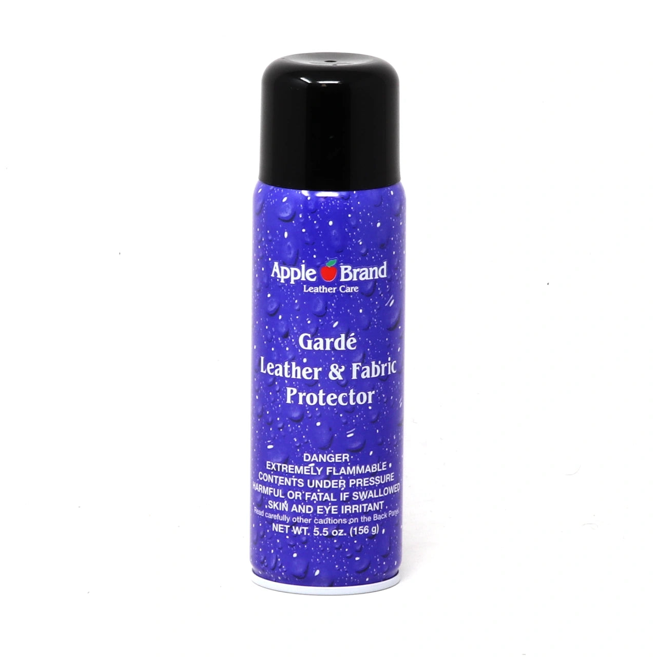 A can of Apple Leather and Suede Protectant Spray stands upright against a white background. This premium protector features safety warnings on the label and is designed as a rain and stain repellent to help keep your favorite items looking their best.