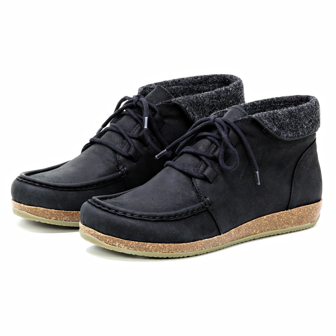 The Women's Baden Leather Boot features black lace-up design, textured soles, dark fabric cuffs, and an ultra-cushion support insole on a white background.