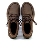 A top-down view of brown Women's Baden Leather Boot moccasin-style shoes with laces and ultra-cushion support insoles on a white background.