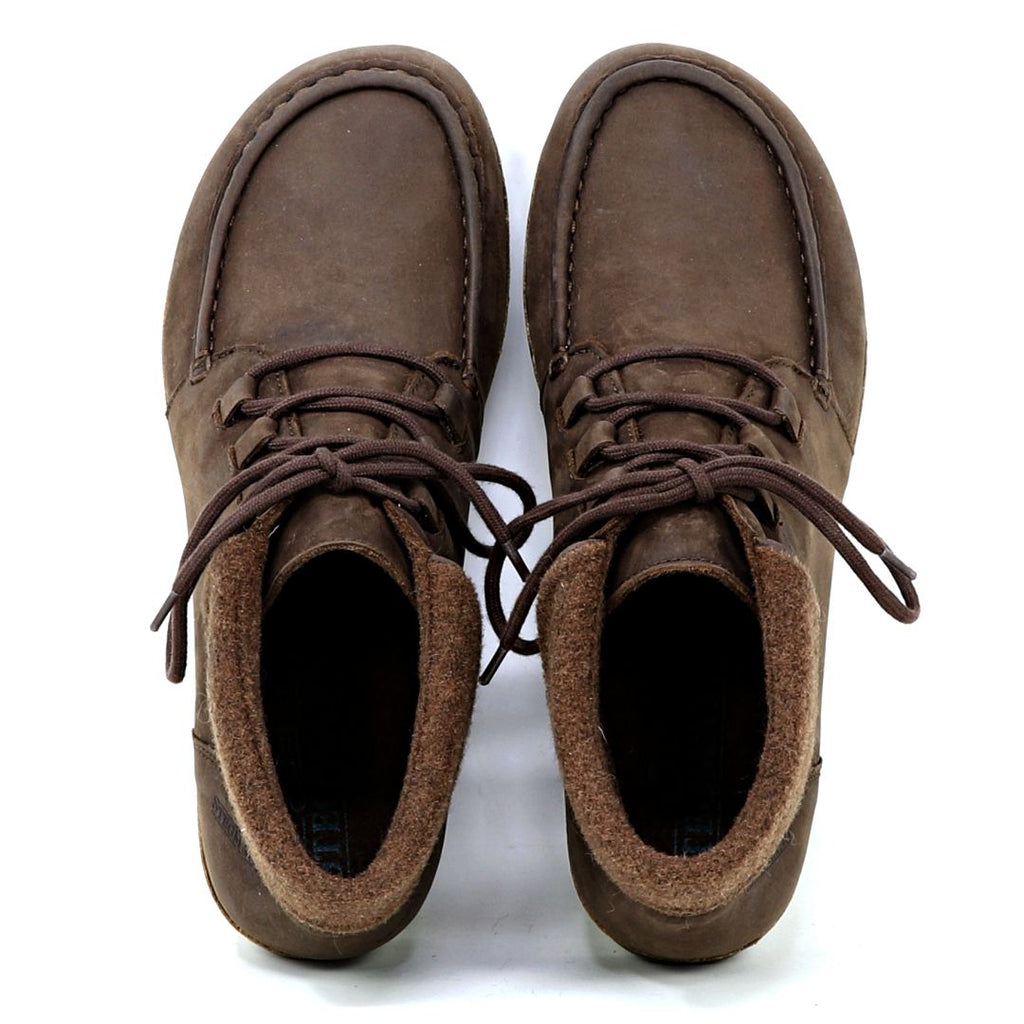 A top-down view of brown Women's Baden Leather Boot moccasin-style shoes with laces and ultra-cushion support insoles on a white background.