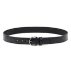 The Women's Matching Leather Belt in black full grain leather features a sleek silver buckle and is displayed on a white background.