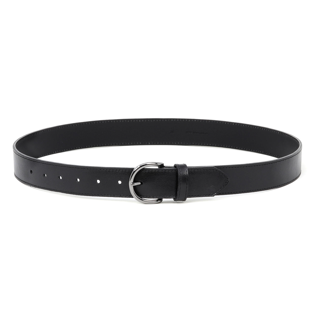 The Women's Matching Leather Belt in black full grain leather features a sleek silver buckle and is displayed on a white background.
