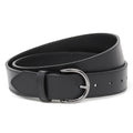 A Women's Matching Leather Belt in black, crafted from full grain leather with a smooth finish and multiple adjustment holes, features a silver round buckle and is displayed on a white background.