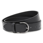 A Women's Matching Leather Belt in black, crafted from full grain leather with a smooth finish and multiple adjustment holes, features a silver round buckle and is displayed on a white background.