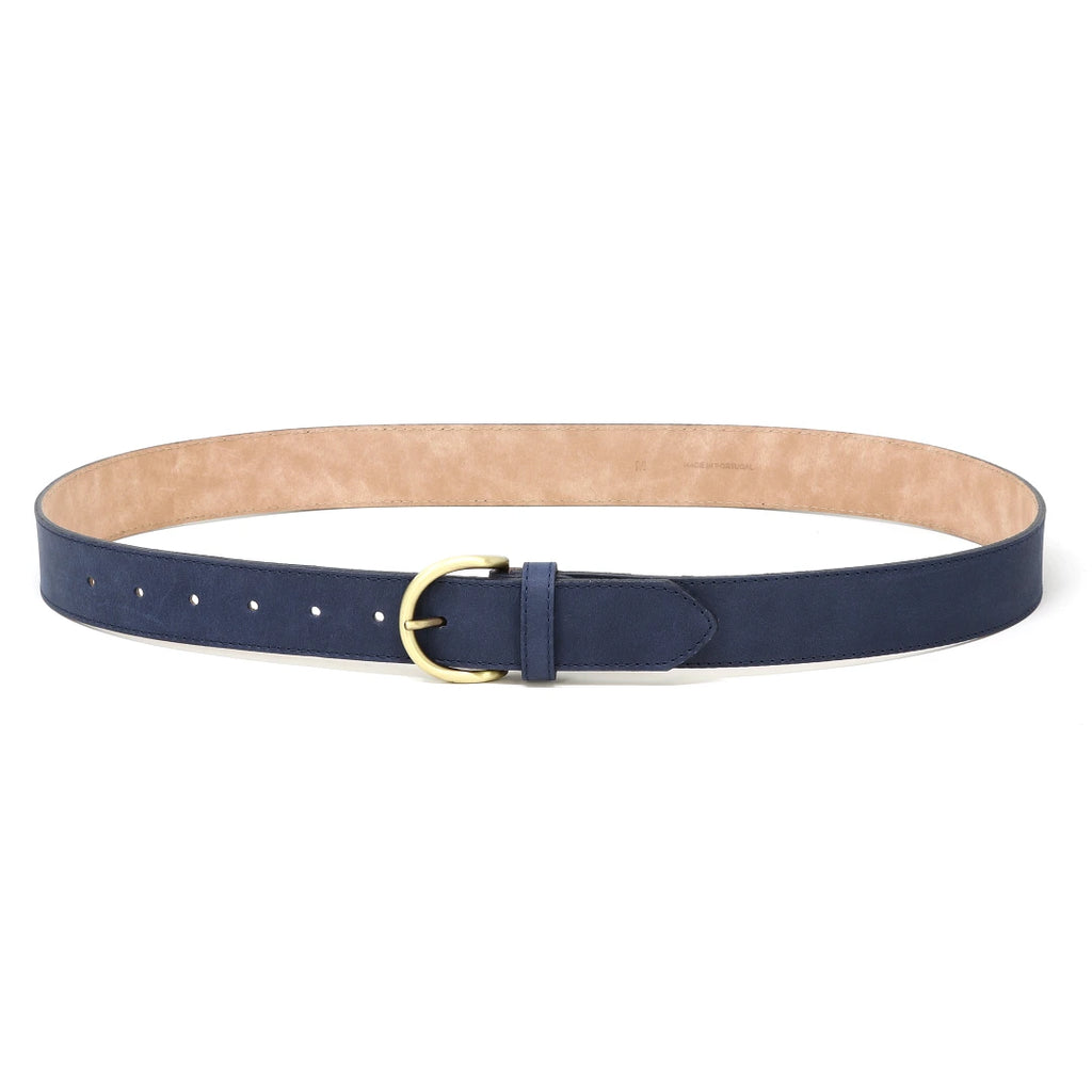 A Women’s Matching Leather Belt is displayed in a circular shape on a white background, featuring navy blue leather and a gold buckle.