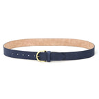 A Women’s Matching Leather Belt is displayed in a circular shape on a white background, featuring navy blue leather and a gold buckle.