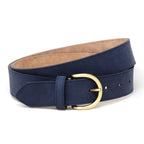 A Women’s Matching Leather Belt in navy blue, crafted from premium full grain leather and featuring a gold-toned round buckle, displayed on a white background.