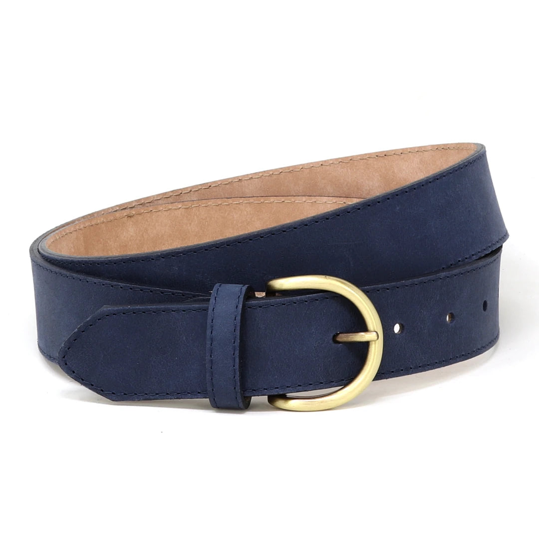 A Women’s Matching Leather Belt in navy blue, crafted from premium full grain leather and featuring a gold-toned round buckle, displayed on a white background.