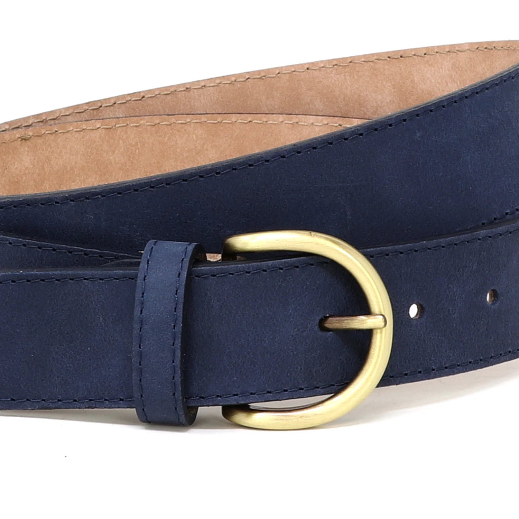 Close-up of a navy blue Women’s Matching Leather Belt with a gold-colored metal buckle, showing stitching detail and part of the inner tan lining. This premium leather belt highlights expert craftsmanship and quality materials.