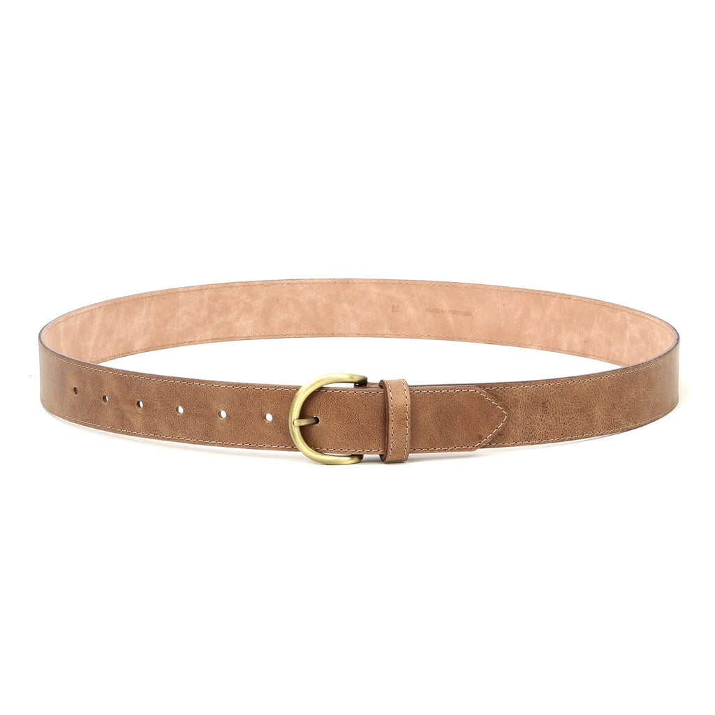 The Women's Matching Leather Belt, a light brown full grain leather belt with a gold buckle and multiple adjustment holes, is displayed in a circular arrangement on a white background.