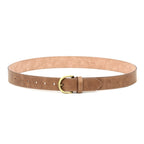 The Women's Matching Leather Belt, a light brown full grain leather belt with a gold buckle and multiple adjustment holes, is displayed in a circular arrangement on a white background.