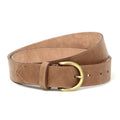 The Women's Matching Leather Belt in light brown full grain leather features a gold round buckle and is shown coiled on a white background.