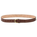 Here’s a rewritten sentence using your product data: The Women’s Matching Leather Belt, crafted from full grain brown leather, showcases a brass buckle and features multiple holes for easy size adjustment, elegantly displayed in a circular shape.