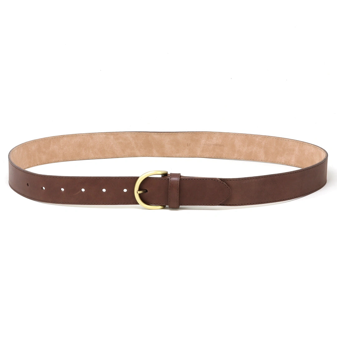 Here’s a rewritten sentence using your product data: The Women’s Matching Leather Belt, crafted from full grain brown leather, showcases a brass buckle and features multiple holes for easy size adjustment, elegantly displayed in a circular shape.