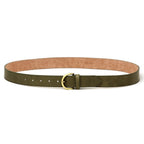 Women’s Matching Leather Belt in olive green, crafted from full grain leather with a light brown inner lining and featuring a gold-tone metal buckle, displayed on a white background.