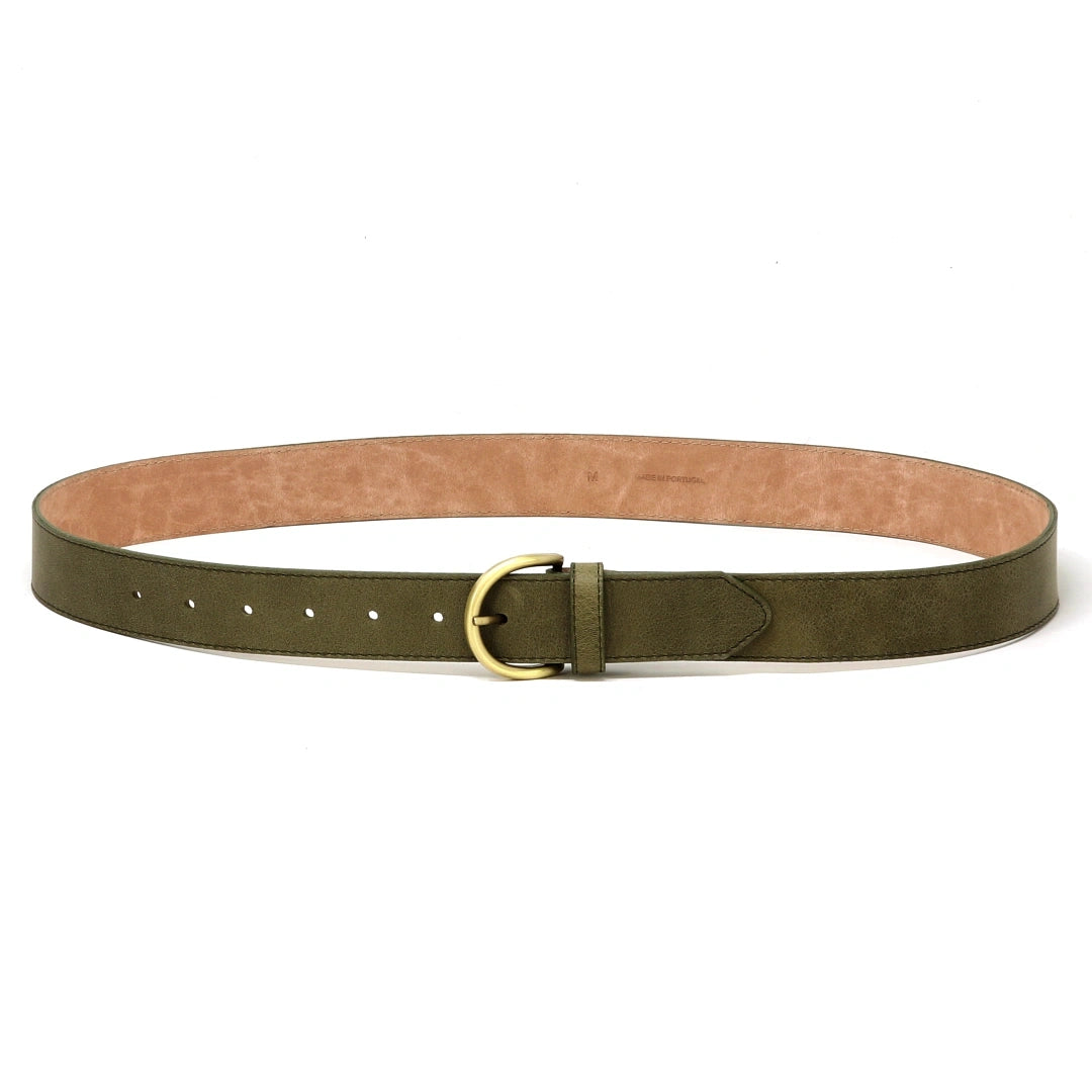 Women’s Matching Leather Belt in olive green, crafted from full grain leather with a light brown inner lining and featuring a gold-tone metal buckle, displayed on a white background.