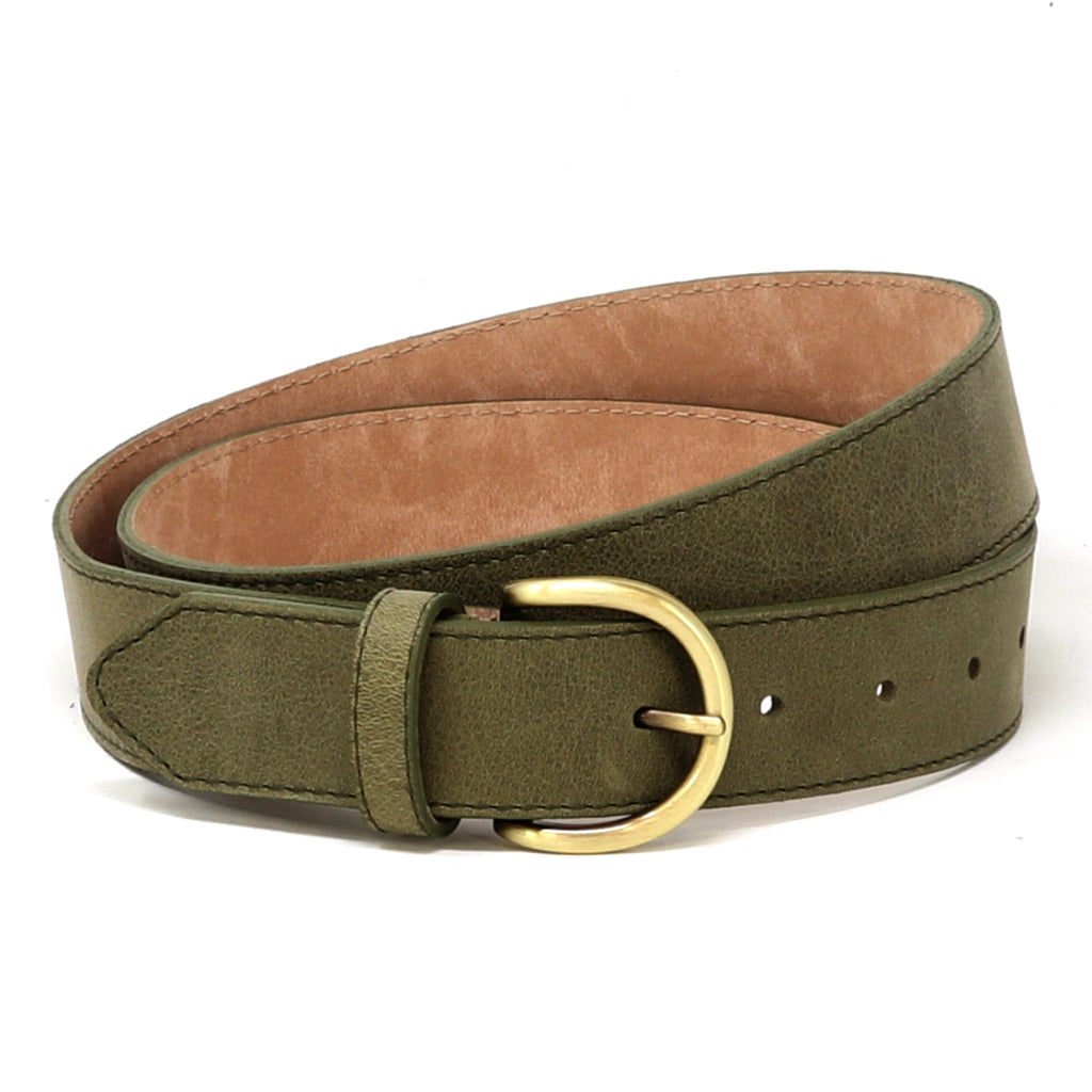 Women’s Matching Leather Belt in olive green, expertly crafted from full grain leather, features a gold-colored buckle and is displayed looped on a white background.