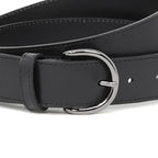 Close-up of the Women's Matching Leather Belt in black, crafted from full grain leather with a silver rounded buckle and two visible holes.
