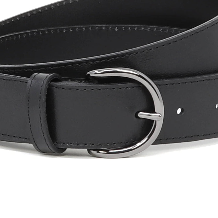 Close-up of the Women's Matching Leather Belt in black, crafted from full grain leather with a silver rounded buckle and two visible holes.
