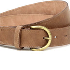 The Women's Matching Leather Belt is a light brown leather belt for women, featuring a rounded brass buckle and shown coiled with the buckle facing forward.
