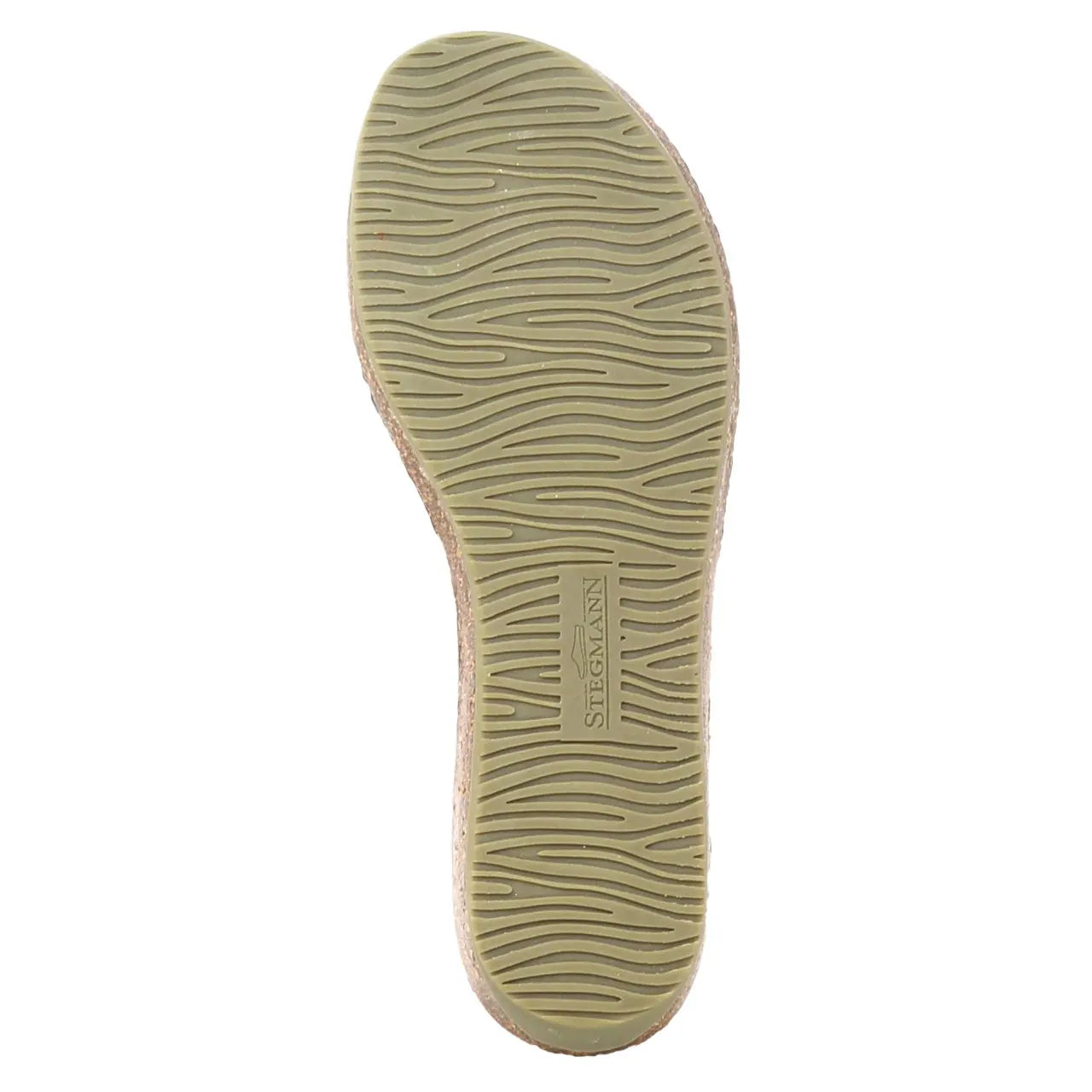 The image shows the bottom view of the Women's Eva Leather Mary-Jane shoe sole, featuring a light green, textured, wavy tread pattern with "STEGMANN" embossed in the center.