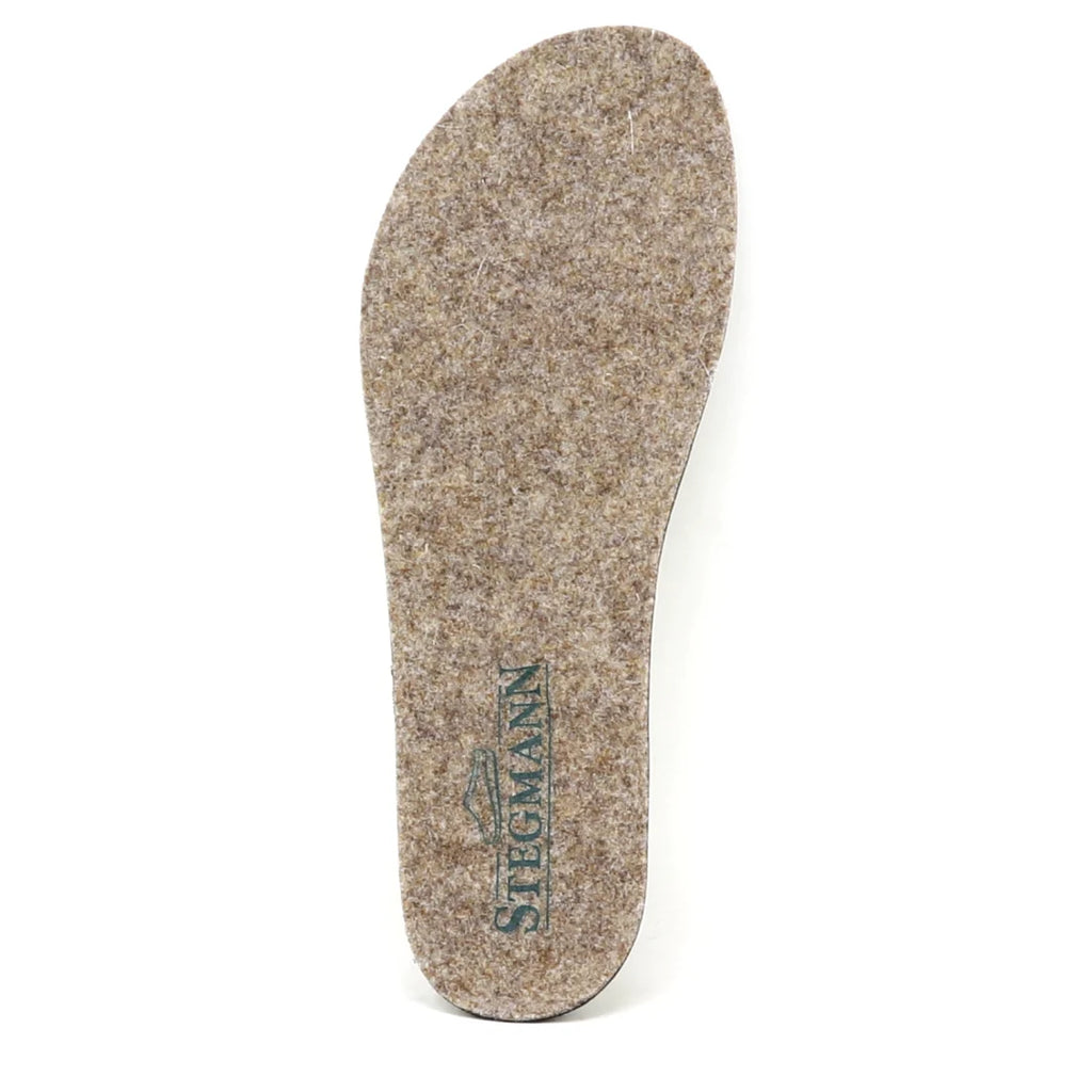A single Women's Wool Contour Replacement Insole w/Arch in brown felt wool, featuring the word "Stegmann" and a green leaf logo printed on the heel for arch support, displayed against a white background.