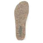 A single Women's Wool Contour Replacement Insole w/Arch in brown felt wool, featuring the word "Stegmann" and a green leaf logo printed on the heel for arch support, displayed against a white background.