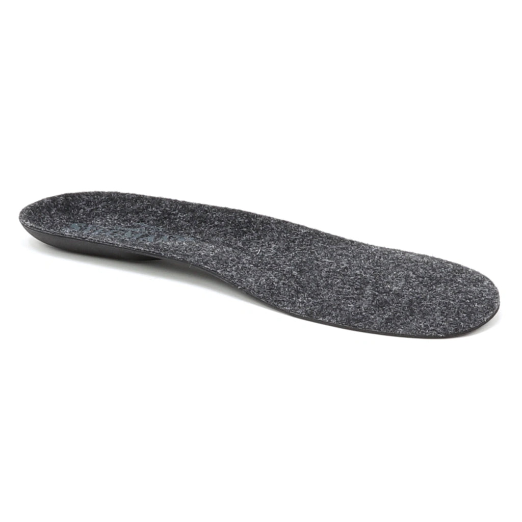 Women's Wool Contour Replacement Insoles w/Arch, featuring a gently contoured shape and flat edges for dependable arch support in a gray color, showcased against a white background.