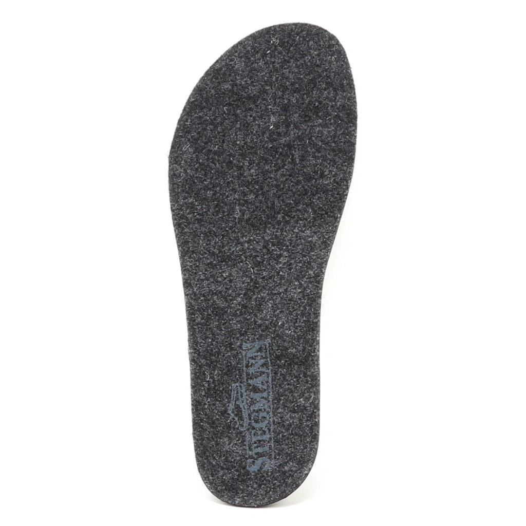 A single Women's Wool Contour Replacement Insole w/Arch in dark grey felt wool, featuring arch support and the word "STADION" printed in light blue near the heel, displayed on a white background.