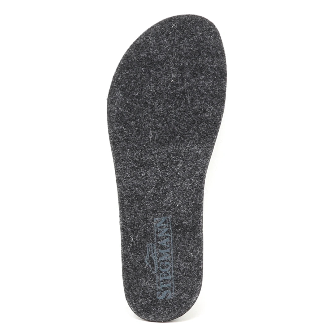 A single Women's Wool Contour Replacement Insole w/Arch in dark grey felt wool, featuring arch support and the word "STADION" printed in light blue near the heel, displayed on a white background.