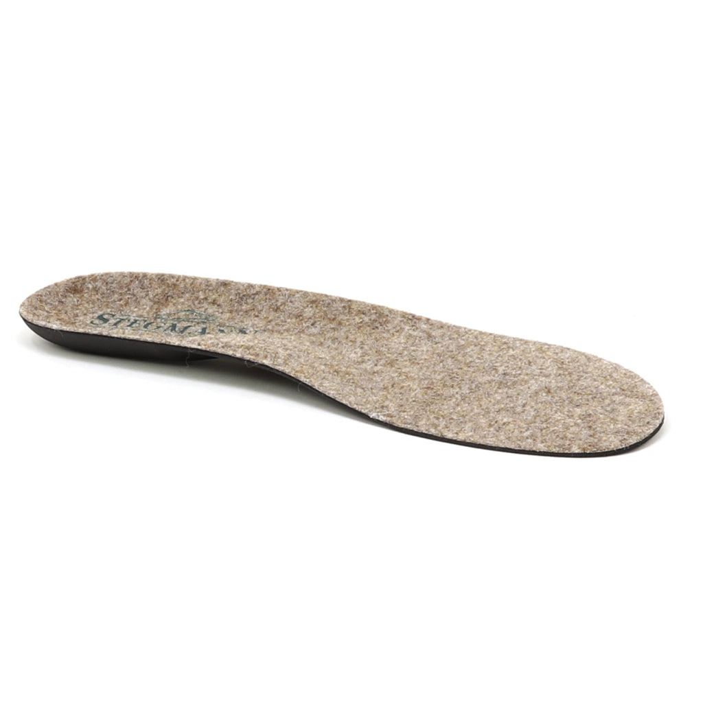 A single Women's Wool Contour Replacement Insole w/Arch, featuring a brown wool upper with arch support and a black underside, is displayed at an angle on a white background.