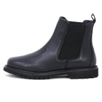 Women’s Brenner Chelsea Boot in black leather, featuring a waterproof design, elastic side panel, back pull tab, and rugged rubber sole; displayed in a left-facing side profile.